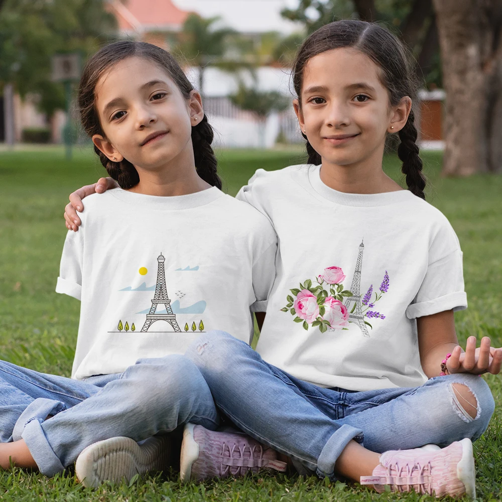 

Cute Cartoon Eiffel Tower Print Kids T-shirts Sets France Fashion Trend Harajuku Girls Clothes O-neck Summer Casual Child Tops