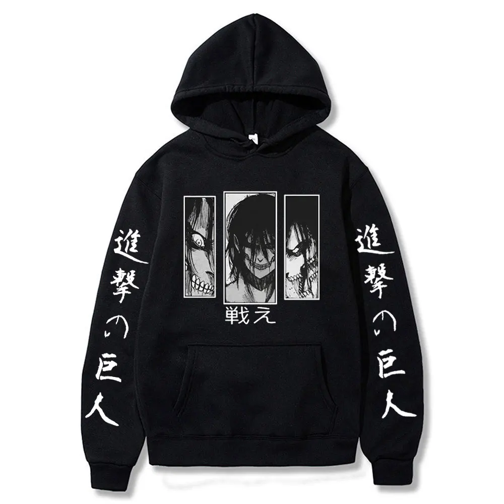 Funny Anime Attack on Titan AOT Hoodies Eren Jaeger Graphic Hoodie Manga Black Long Sleeve Hooded Sweatshirt Oversized Unisex