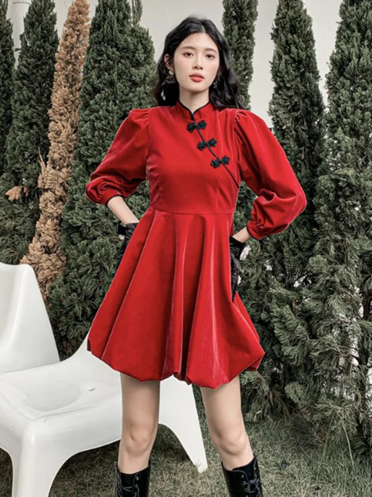 

Платье-Ципао с пышными рукавами, высокой талией и воротником-стойкой, M376