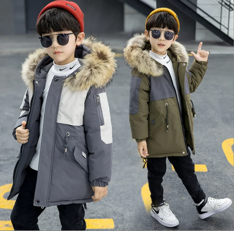 

Winter Children Cotton-padded Clothes Fashion Hooded Fur Plus Velvet Thick Warming Cotton Coat For Kids Jacket Boys 4-13 Years