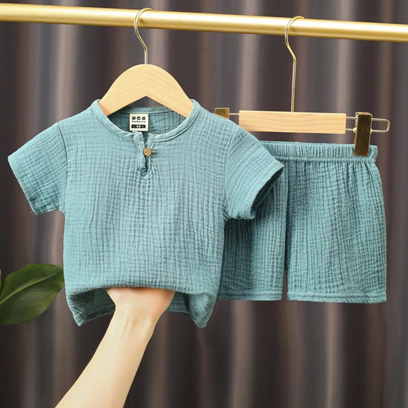 

0-5Y Boys Girls Clothing Sets Summer Solid Cotton Linen T-shirts+Elastic Shorts Kids Clothes Casual Clothing Sets for Children