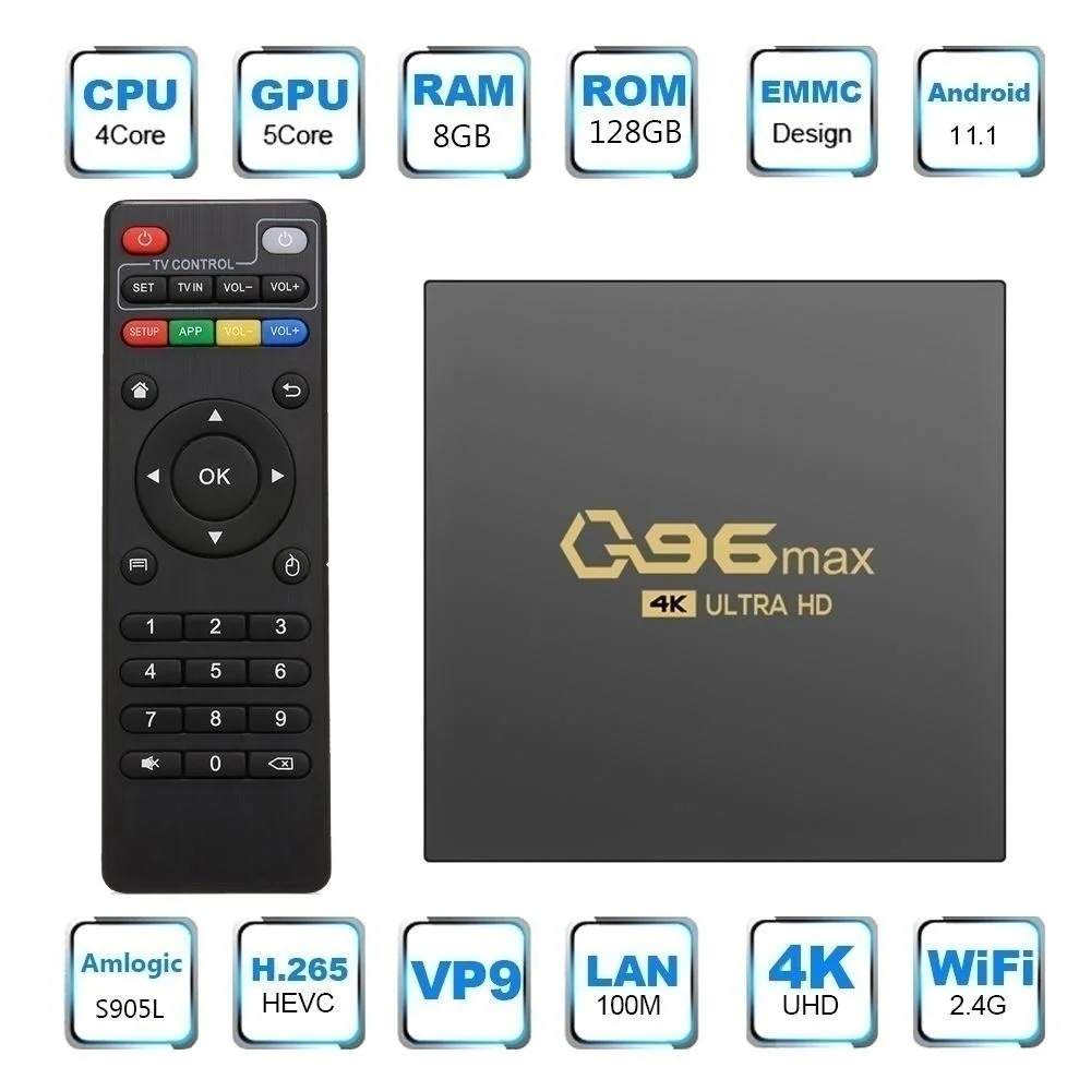 

Q96 MAX 2022 New 2.4G WIFI 8GB+128GB 4K H.265 Media Player Set Top Box TV Box Quad Core Amlogic S905L Hot Sale