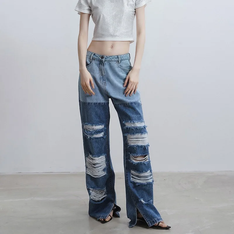 

Autumn and winter high street hole patchwork collision jeans female low waist straight cat whisker slit leg light blue pants