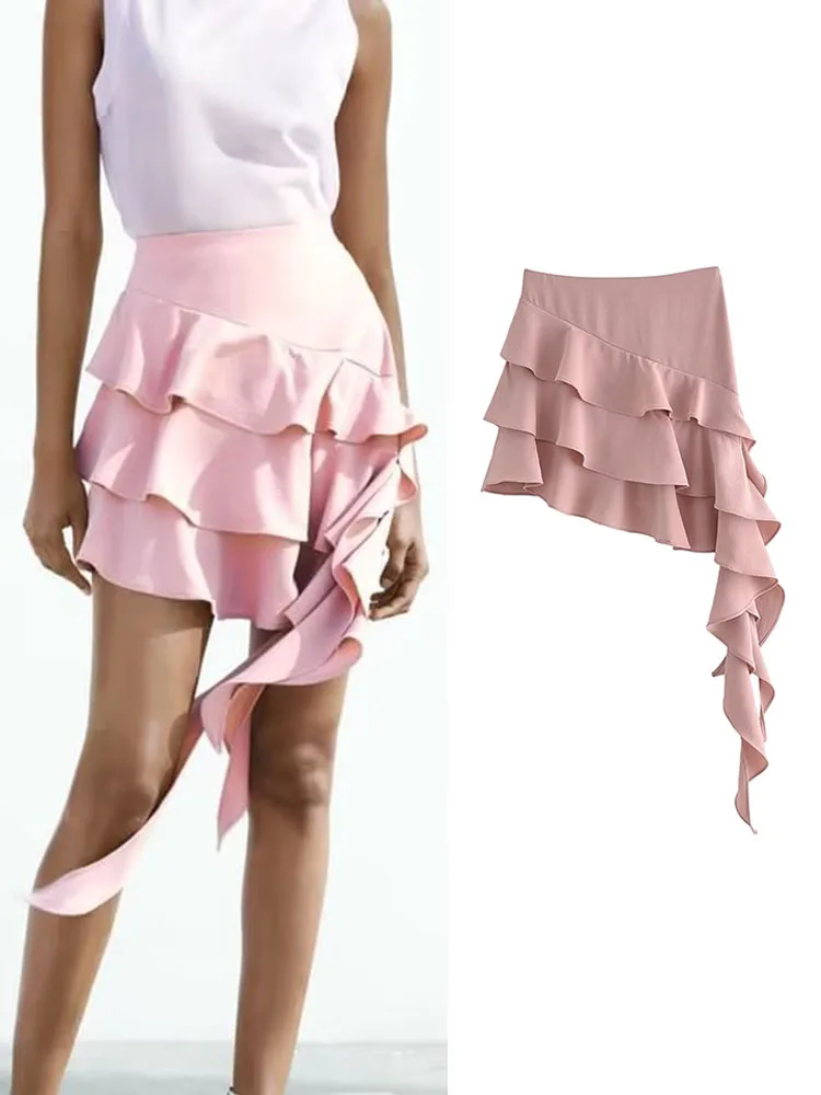 

TRAF 2023 Summer Women Solid Layered Skirts Newest Female Casual Sweet Asymmetrical Mini Skiet Side Zipper Chic Skiets