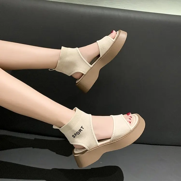 

2022 New Casual Summer Sports Stretch Fabric Sandals Women's Fashion Open Toe Solid Color Platform Flat Shoes Ladies Sandals