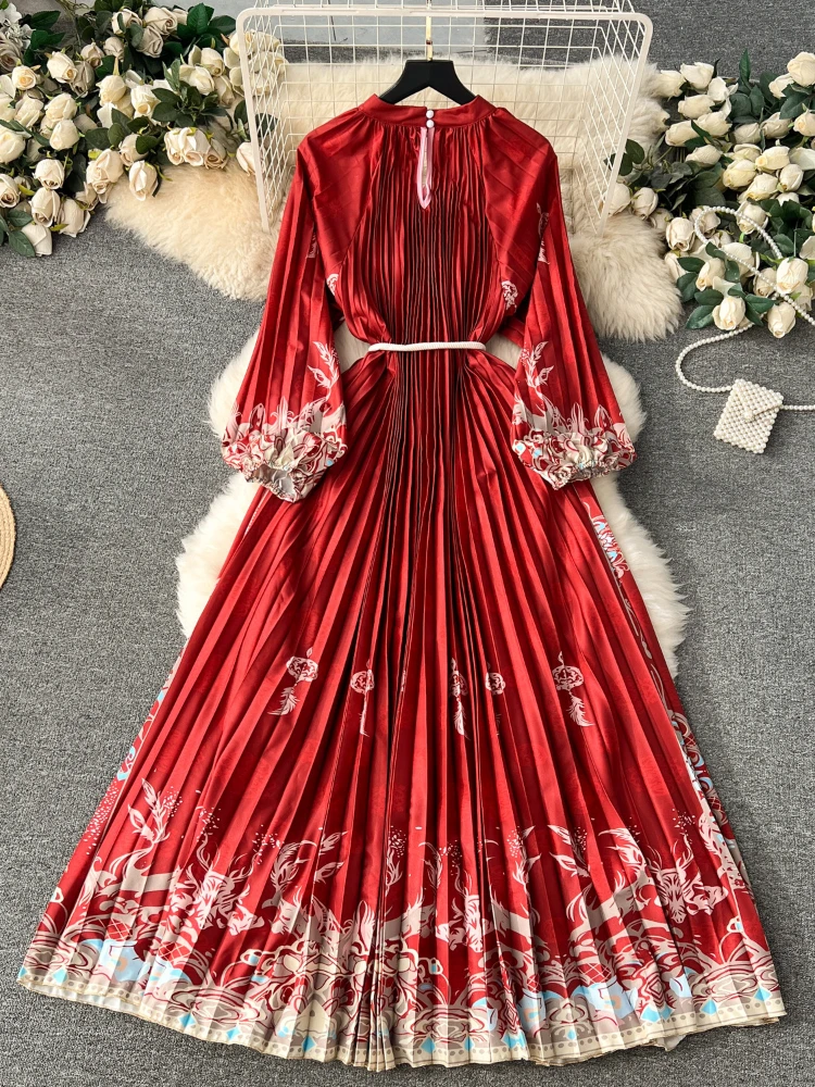 Женское длинное платье с рукавами-фонариками элегантное плиссированное