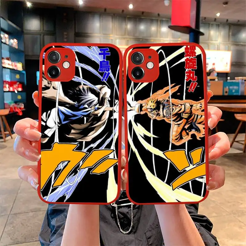

Anime Naruto&Sasuke Phone Case For iphone 12 11 Pro Mini Max XS X 8 7 Plus SE 2020 XR Matte Transparent Light red Cover
