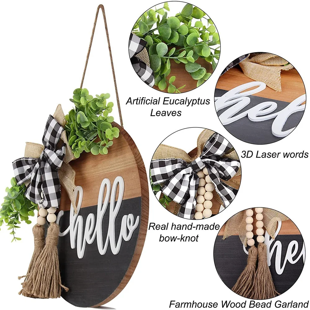 

Wooden Welcome Sign for Front Door Hello Letter & Tassel Wood Bead Hanging Decor Rural Style Plaque Round with Fake Leaves JAN88