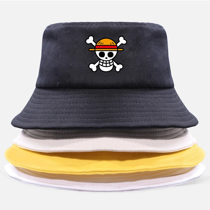 

One Piece Bucket Hat Panama Cap The Pirate King Anime Luffy Harajuku Women Men Cotton Outdoor Sunscreen Wide Brim Hats Caps