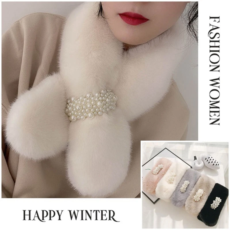 

Women's Scarf Trendy Plush Imitation Rabbit Fur Student Pearl Scarf Thickened Warm Korean Version Cute Fresh Sweet Girl