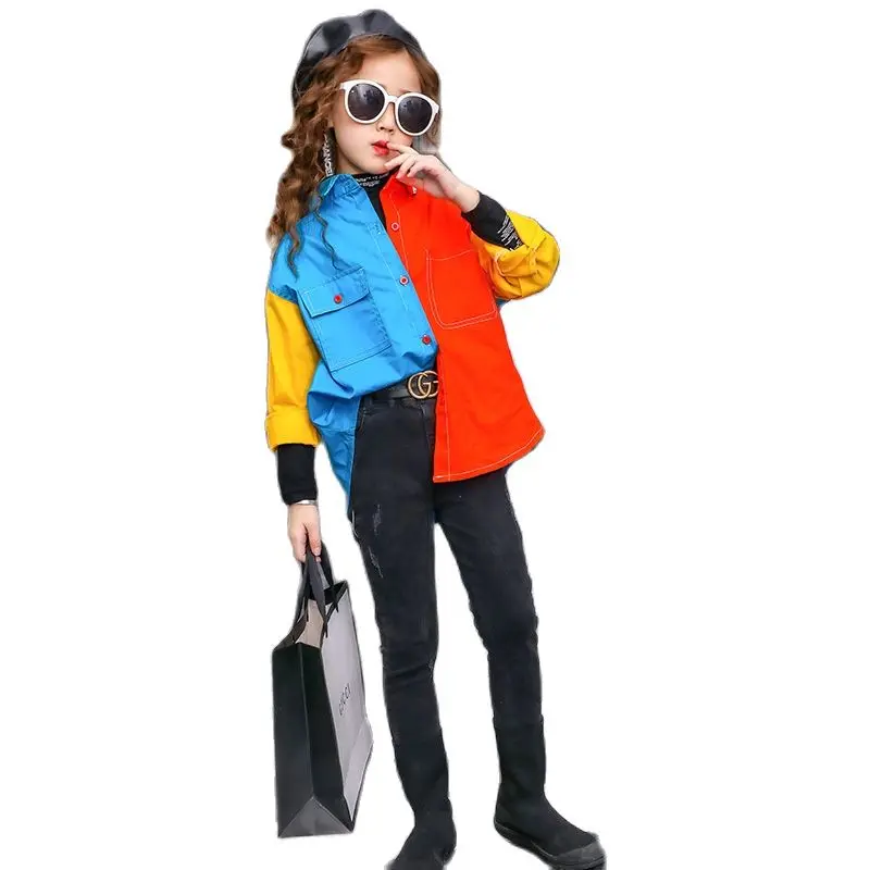 

Girls Shirts Autumn Fashion Color-blocking Tops Spring New Retro Varied Colorful Clothes Teen Clothing Blouse for Girls 4-10 yrs