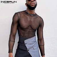 incerun tops 2022 american style sexy mens hot sale t shirts breathable mesh camiseta male see through long sleeved tees s 5xl