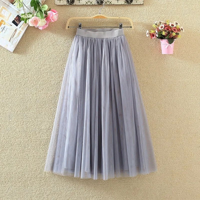 

Korean New 3 layers Midi Summer Tulle Skirt Women 2023 Ladies Casual White Black High Waist Pleated Sun School Long Skirt Female