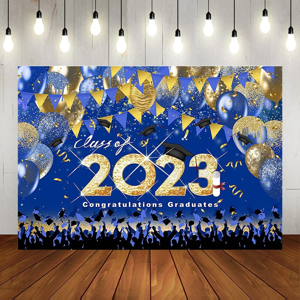

Class of 2023 Graduation Blue Gold Balloons Congratulations Graduates Background Congrats Grad College Prom Party Banner Props