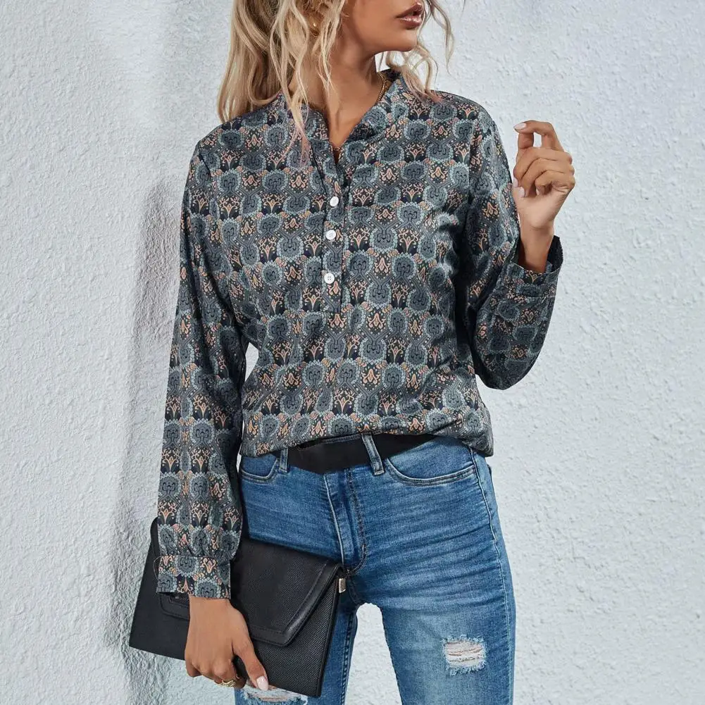 

Women Shirt Sturdy Sewn Shirt Blouse Vintage Geometry Printing Lady Shirt