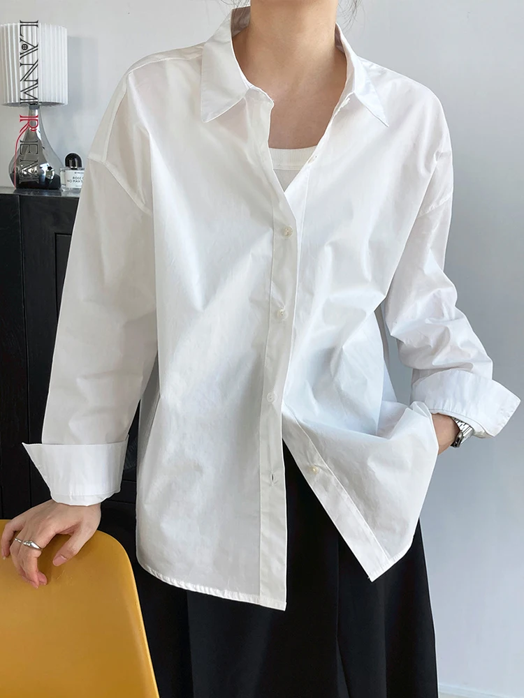 

[LANMREM] Minimalism Solid Shirt Women Lapal Long Sleeve Single Breastred Blouses Female Tops 2023 New Autumn Clothing 26D514