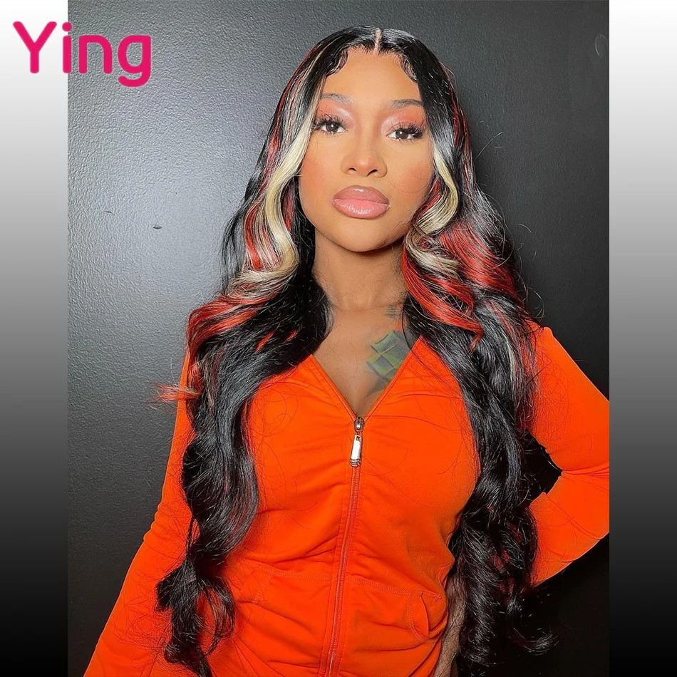Highlight Blonde with Red 13X6 Body Wave Human Hair Lace Frontal Wig 30 Inch 180% Brazilian Remy 13X4 Transparent Lace Front Wig