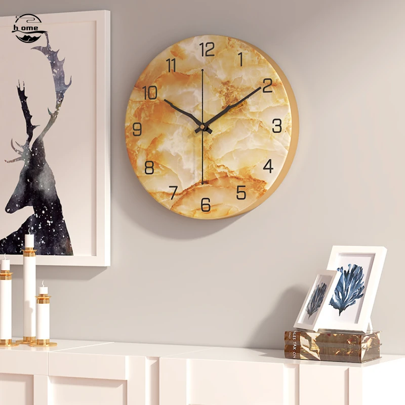 

Metal Round Marble Texture Wall Clock Single Sided Digital Pointer Silent Clock for Living Room Entrance Hall Background Decor