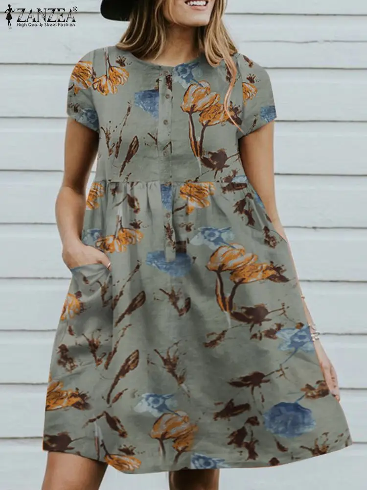 

ZANZEA O-Neck Short Sleeve Sundress Summer Women Floral Printed Dress Bohemian Casual Elegant Loose Beach Holiday Vestidos 2022