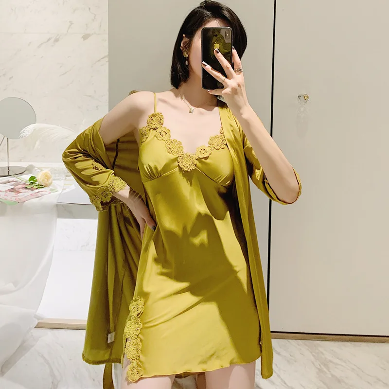 Women's Sleepwear 2 Pcs Sets Velvet Sleepwear Striped Robe Nightgown and Backless Sleep Dress Pajamas Set