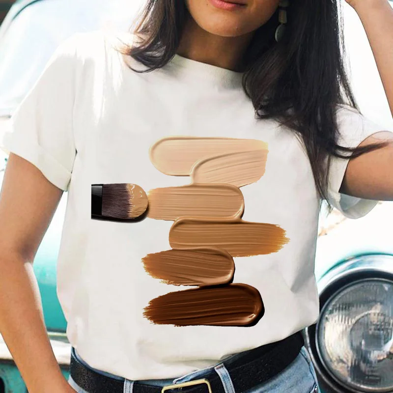 

Женская одежда с графическим принтом для макияжа, модная женская футболка в стиле 90-х с коротким рукавом, топы с мультяшным принтом, футболк...