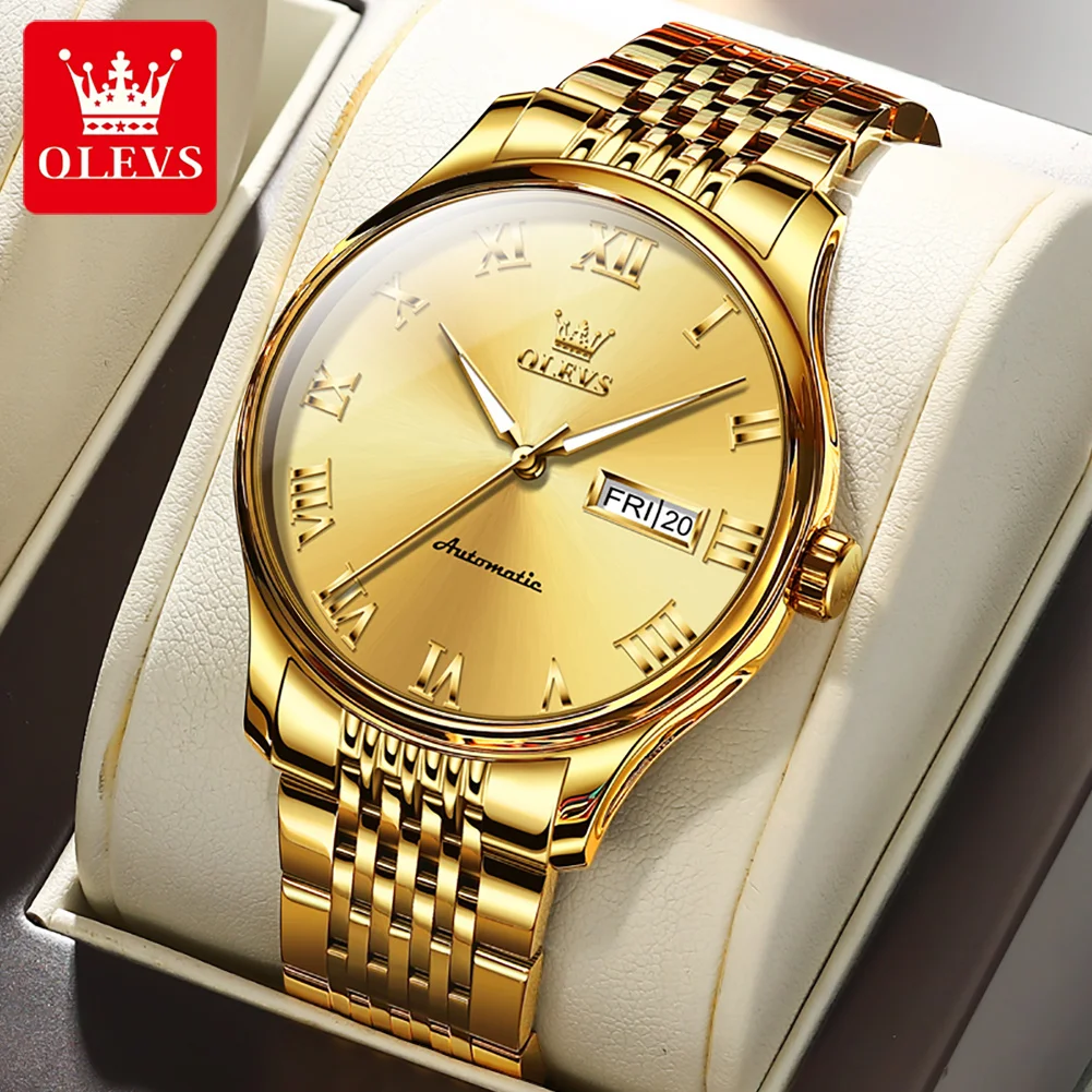 

OLEVS Luxury Golden Stainless Steel Automatic Mechanical Watch Men Calendar Week Waterproof Luminous Self-wind Roman Dial Clock