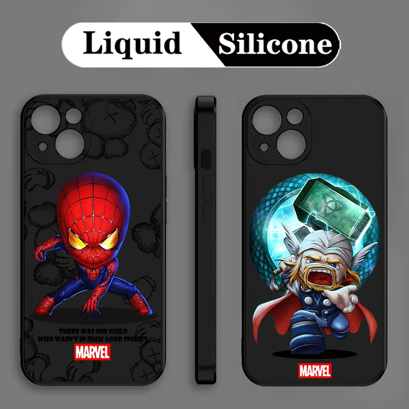 

Marvel Cute Avengers Phone Case For iPhone 14 13 12 11 Pro Max 13 12 Mini 7 8 Plus X XR XS Max Cases Liquid Silicon Black Back