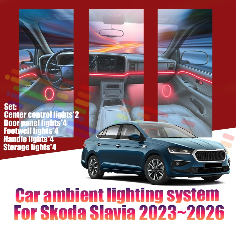 Фото Для Skoda Slavia 2023~2026: Светодиодные атмосферные лампы, цветная подсветка салона, неоновая лента 64 RGB, автозапчасти №1