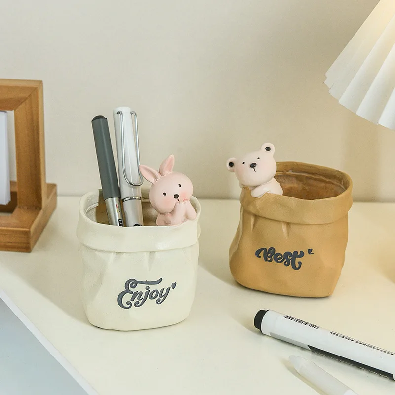 

Vintage Rural Storage Bag Cute Animal Modeling Resin Material Imitation Paper Bag Fleshy Flowerpot Children Creative Pen Holder