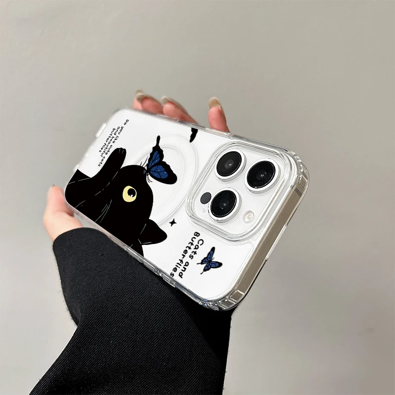 Фото Чехол с беспроводной зарядкой Black White Cat для iPhone 17 Air 16 E 15 14 Plus 13 12 Mini 11 Pro Max, прозрачный силиконовый чехол с краями №2