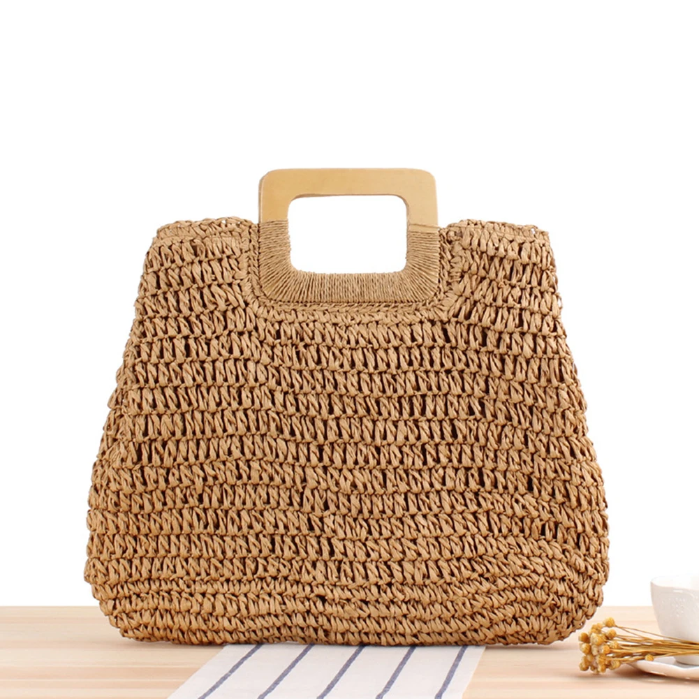 

Vintage Handmade Knitted Top-Handle Bags for Women Summer Beach Straw Woven Handbags Casual Solid Color Female Daily Totes Bags