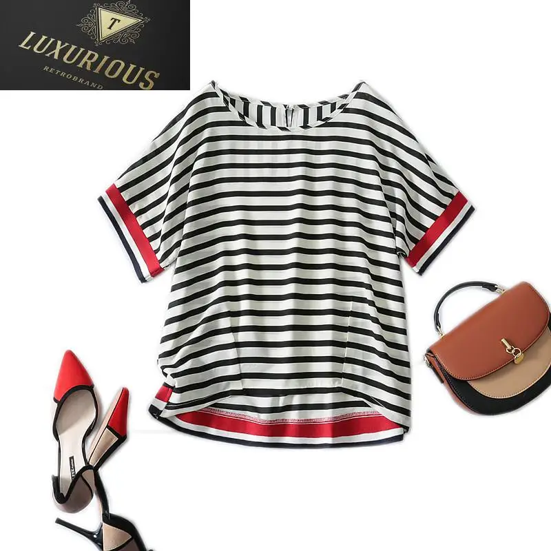 

Летняя женская футболка, новинка 2024, Классическая полосатая шифоновая прямая женская футболка в Корейском стиле с круглым вырезом и короткими рукавами, 4XL