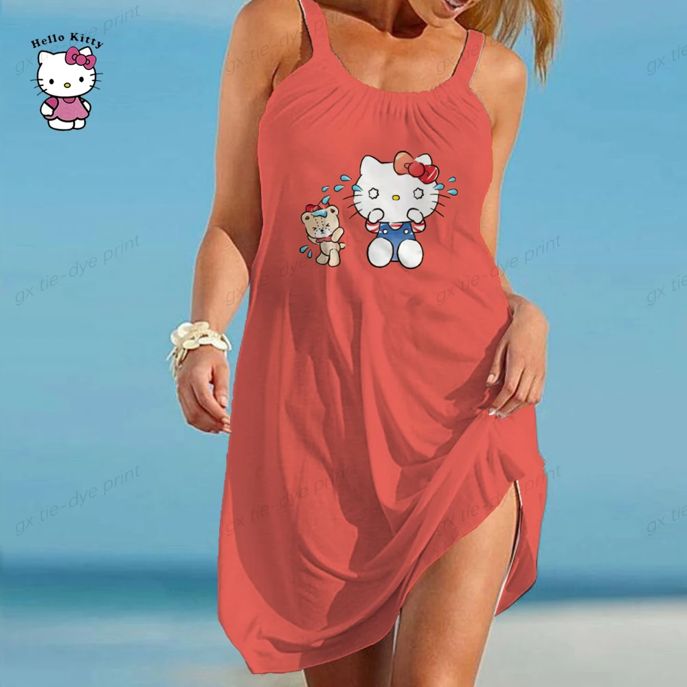 

Summer Sexy Halter Drawcord Dress Women Fashion Hello Kitty Print Backless Sleeveless Evening Party A-line Elegant Dress Women
