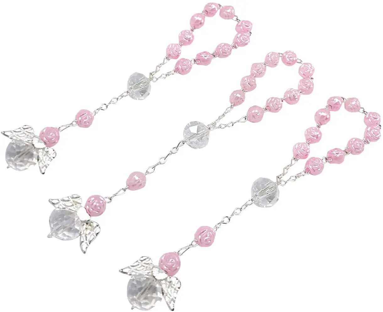 12 Pcs Light Pink Color Baptism Favors with Angels Mini Rosaries Silver Plated Acrylic BeadsFinger Rosaries Pom Pom Keychain