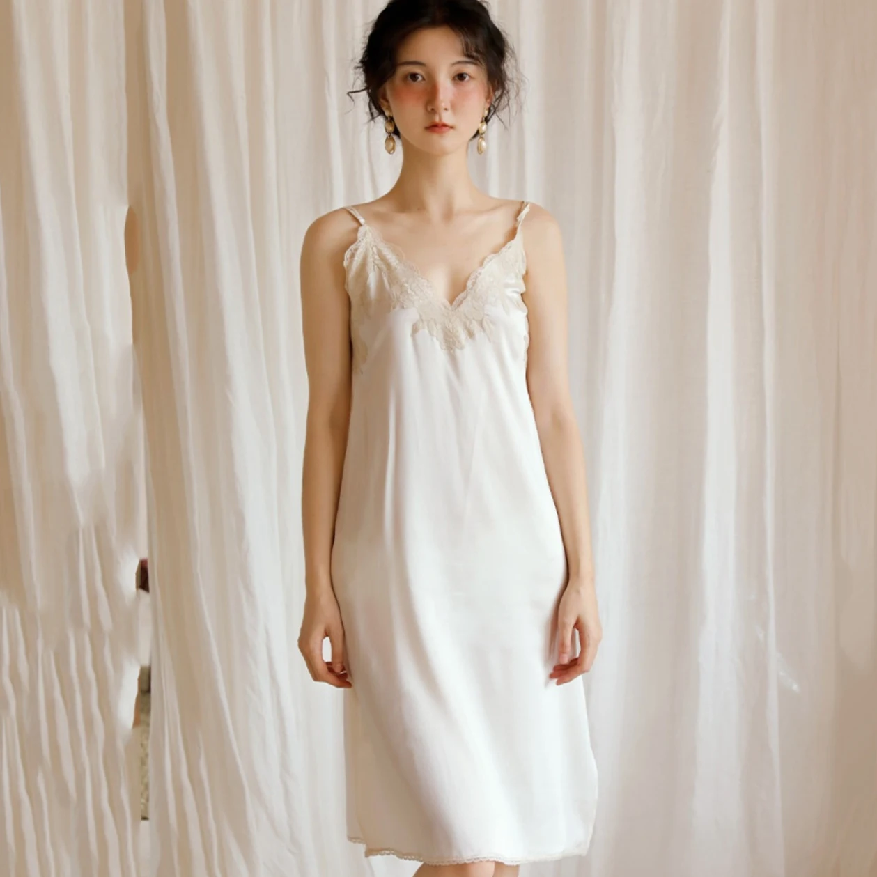 2Pcs Womens Nightdress Satin Lace Nightgowns Sexy Wedding Robe Strap Nightwear Spring Autumn Home Dressing Gown for Women Pajama