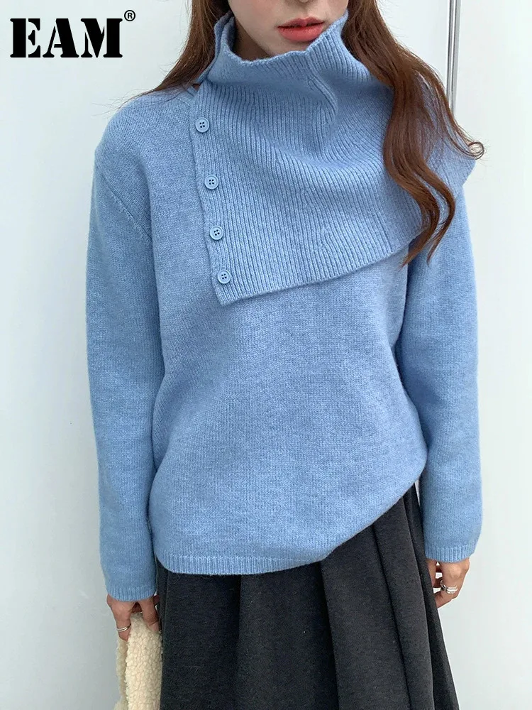 [EAM] Синий с шарфом большой размер вязаный свитер женские пуловеры круглым