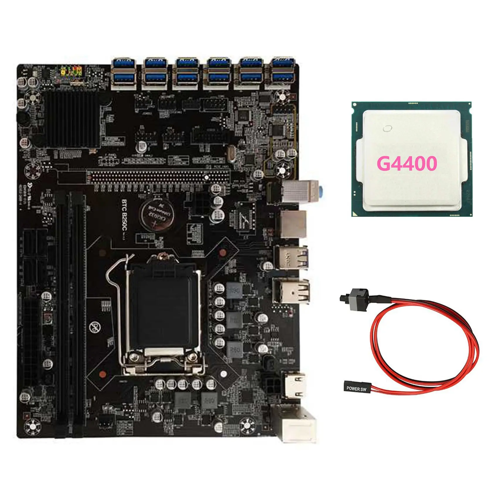 

B250C BTC Mining Motherboard with G4400 CPU+Switch Cable LGA1151 12XPCIE to USB3.0 Graphics Card Slot Supports DDR4 RAM