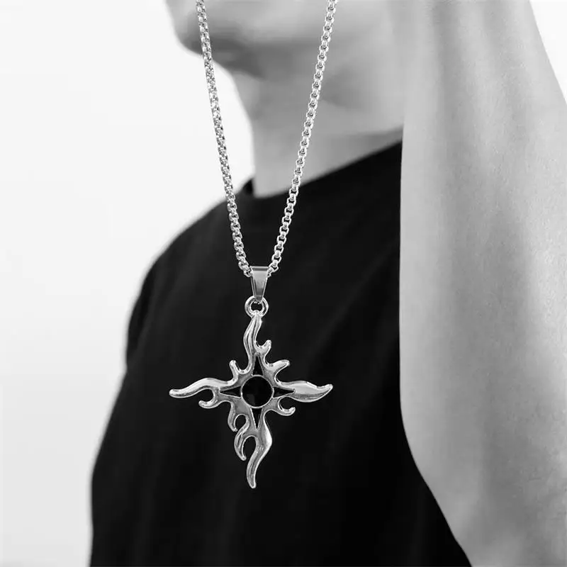 

Flame cross titanium steel necklace men's pendant personality style street hip hop sweater chain clothing matching jewelry