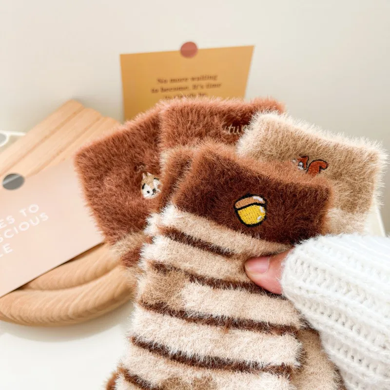 Warm Thick Furry Floor Winter Kawai Sleep Socks Set Cute Cartoon Brown Girl Socks  Kawai Thermal  Fluffy Socks for Women