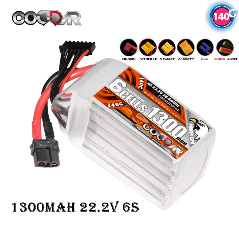 

CODDAR 6S LiPo Battery 6S 22.2V 1300mAh 140C Rechargeable Toys Batteries For RC Helicopter Airplane Quadrotor Drone With XT60