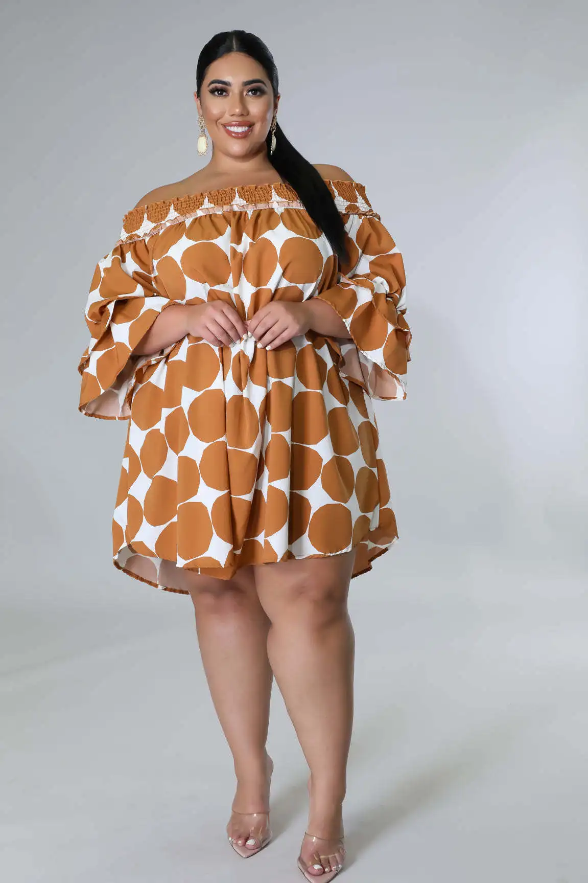 Plus Size Dresses Dot Slash Neck Mini Skirt Casual  Above Knee Mini Flare Sleeve Party Dresses Dresses for Women 2022 All Season