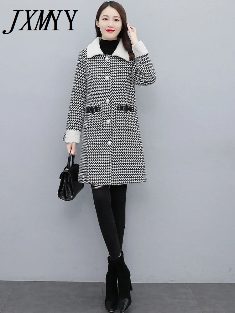 

JXMYY 2022 New Fashion And Elegant Temperament Woolen Mid-Length Coat Autumn And Winter Women's Houndstooth Plaid Coat