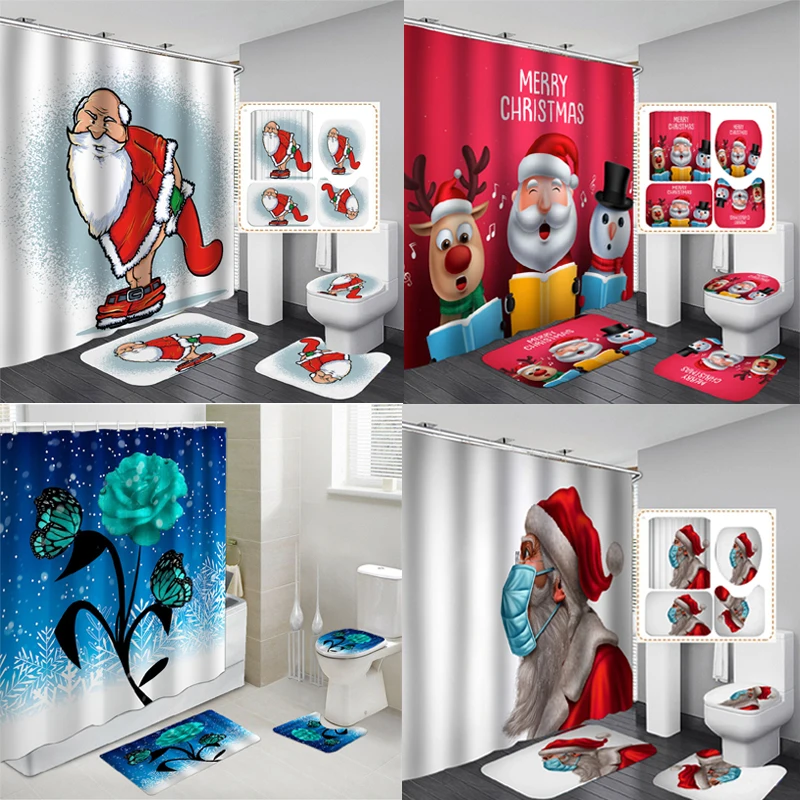

Santa Claus Bathroom Waterproof Shower Curtain Set Toilet Seat Covers Non-slip Bath Mat Rug Bathing Home Christmas Decorative