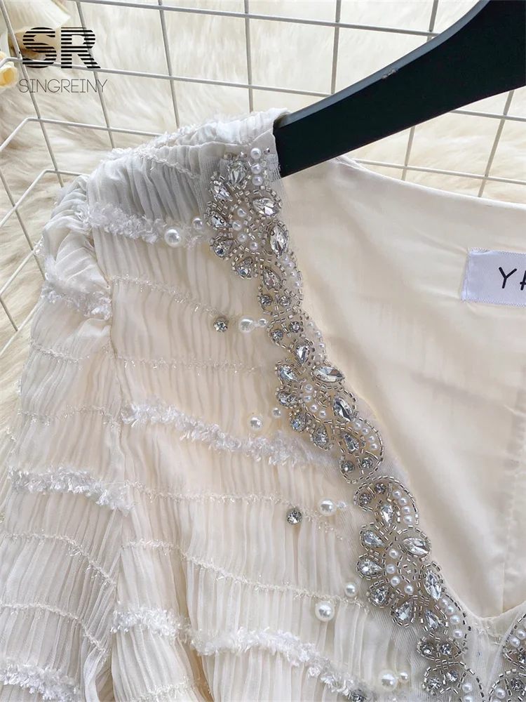 Женское шифоновое короткое платье с V-образным вырезом длинным рукавом