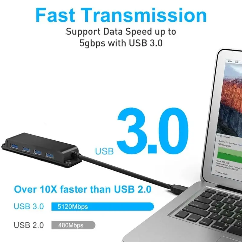 Фото Монтируемый USB-центр с 4 портами, быстрая передача данных 5 Гбит/с, удлиненный кабель длиной 3,3 фута для компьютерной набор №5