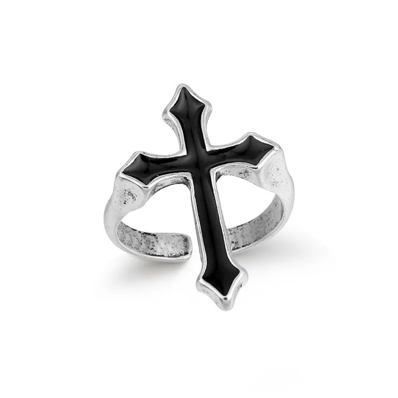 

1PC Vintage Black Big Cross Open Ring For Women Party Jewelry Men Trendy Gothic Metal Color Finger Ring Anillo