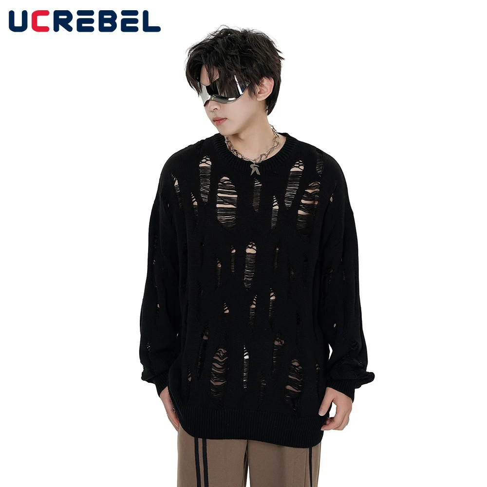 

Свитер мужской вязаный с вырезом лодочкой, повседневный однотонный пуловер с длинным рукавом, свободного покроя, с дырками, уличная одежда, осень