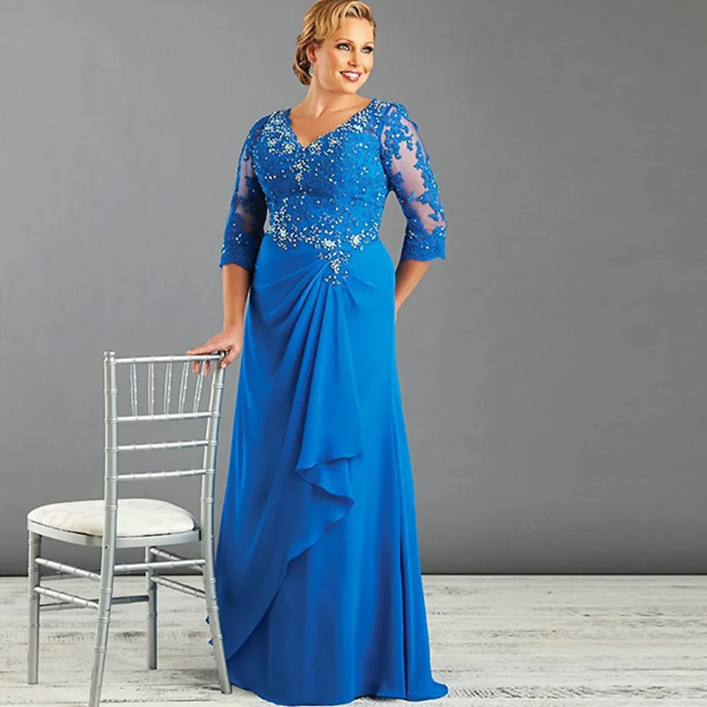 

2022 Sparkly Lace Chiffon Plus Size Mother of the Bride Dress Half Sleeve Long Formal Evening Gowns Wedding Party Guest