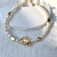 trendy beauty gold color necklace creative irregular metal fresh water pearls women chain choker clavicle chain jewelry