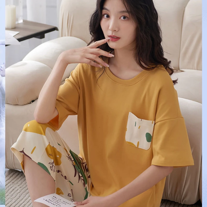 Summer Pajamas Women's Cotton Short-sleeved Cropped Trousers with Chest Pads Japanese Cute Girl Summer Home Suit Soft Sleepwear